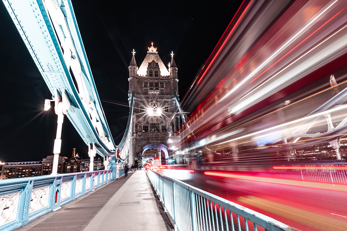 Tower Bridge at night with light trails.